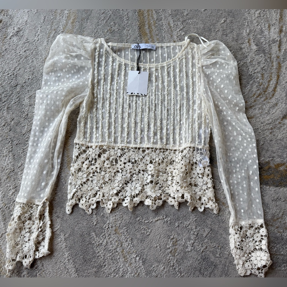 Zara Tulle Sleeve Mesh Top Womens Small White Dotted Long Sleeve Beaded